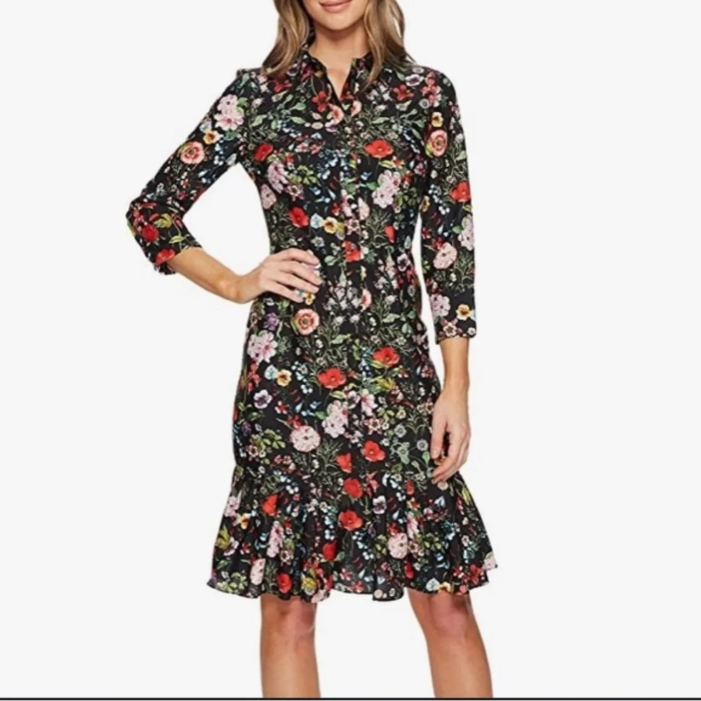 ADRIANNA PALLEL  DRESS WOMEN SIZE 9 BLACK FLORAL PEPLUM HEM - Picture 13 of 14